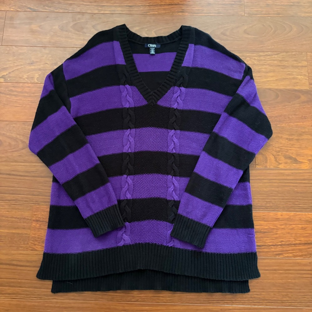 Chaps Womens XL Purple Black Striped Cable Knit V-Neck Sweater Grunge Goth Indie